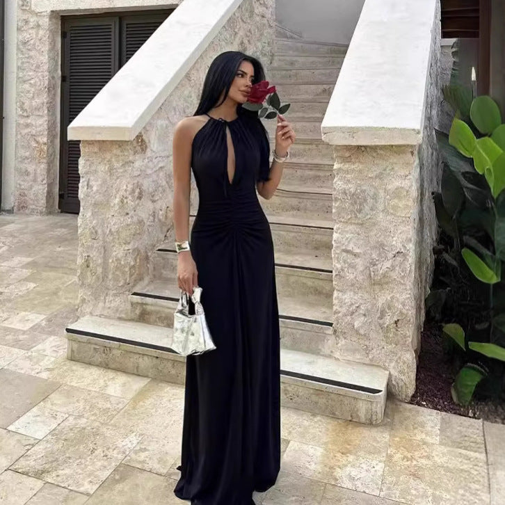 Halter Neck Keyhole Ruched Front Sleeveless Maxi Dress 2