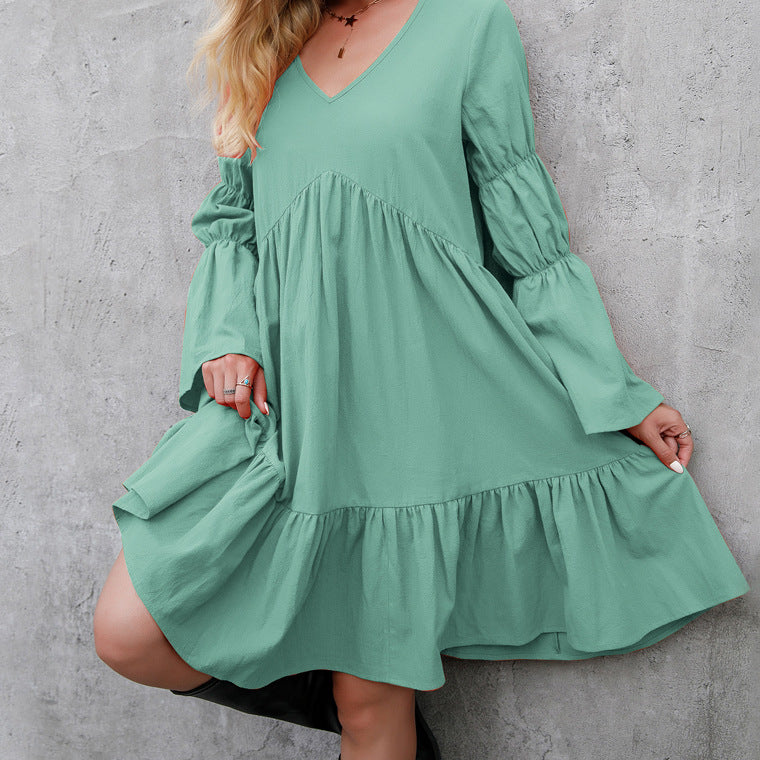 Swintager Autumn Bohemian Loose Dress Ruffled Long Sleeve Midi Dress for Women