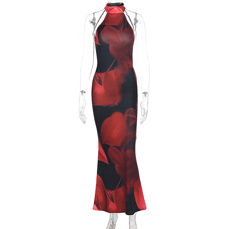 Floral Print Halter Neck Sleeveless Bodycon Mermaid Maxi Dress 2