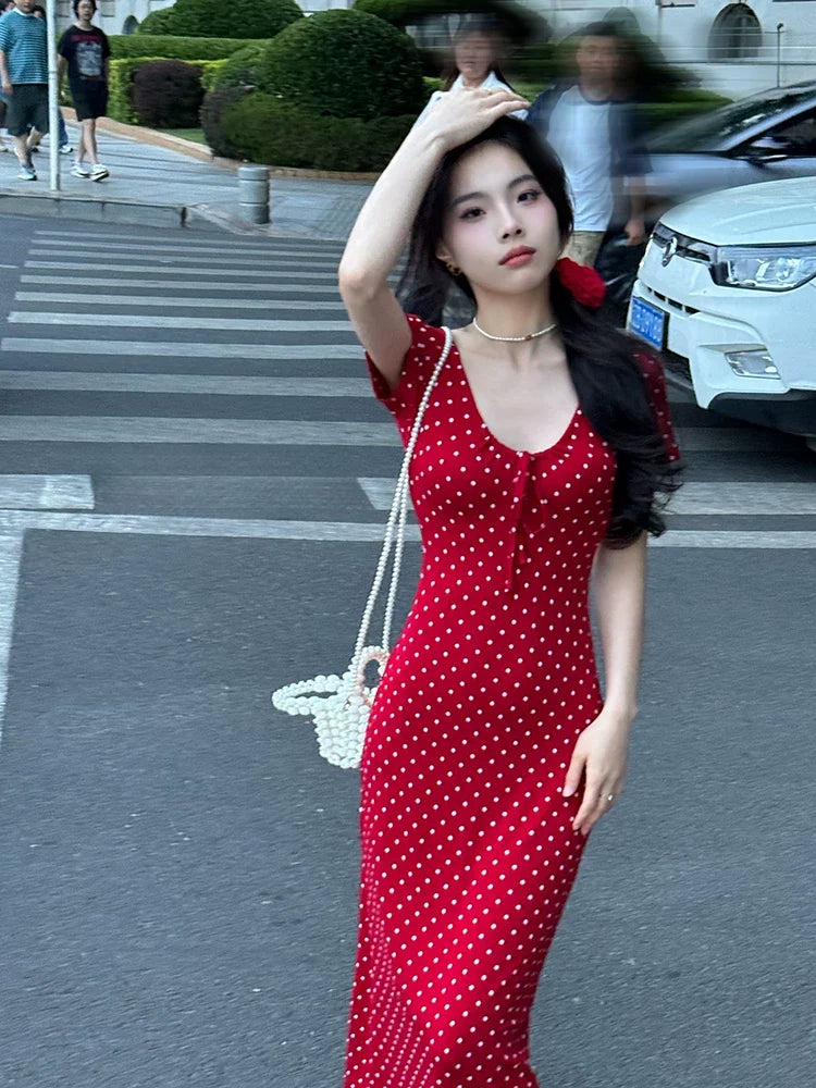 Polka Dot Sweetheart Puff Sleeve Bodycon Midi Dress 2