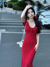 Polka Dot Sweetheart Puff Sleeve Bodycon Midi Dress 2