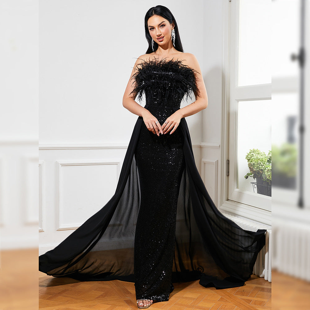 Attractive Long Sequined Sleeveless Feather Wrapped Chest Backless Cocktail Evening Dress Bridesmaid Bodycon Maxi Dress Women