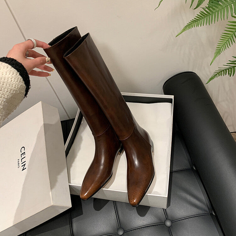 Pointed Toe Western Block Heel Knee High Boots