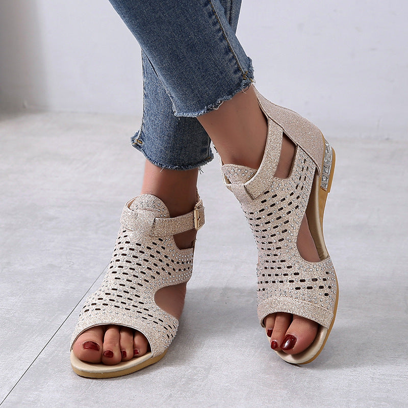 Open Toe Hollow Rhinestone Roman Sandals