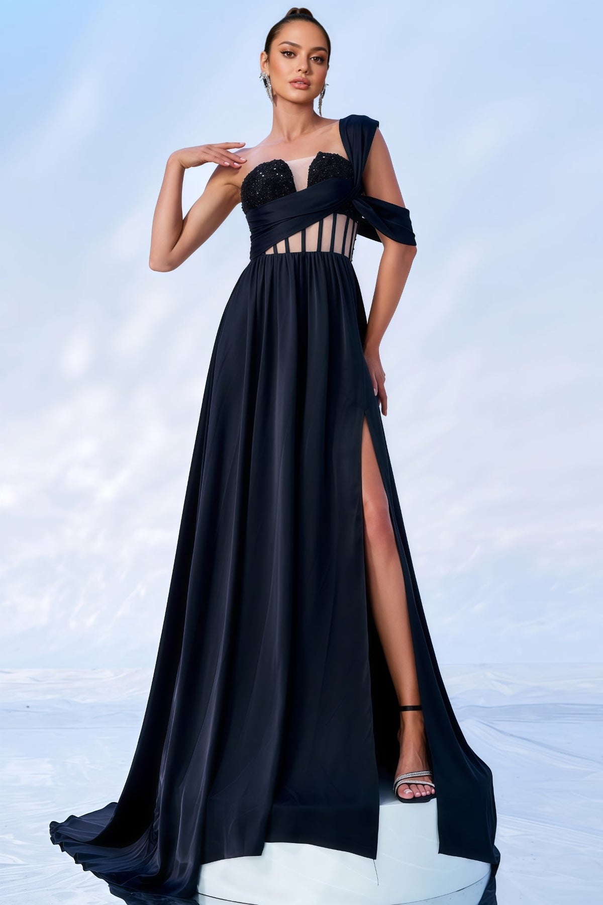 One Shoulder Sequin Corset Bodice High Split Satin Maxi Gown