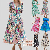 Abstract Print V-Neck Puff Sleeve Smocked Waist Midi Dress