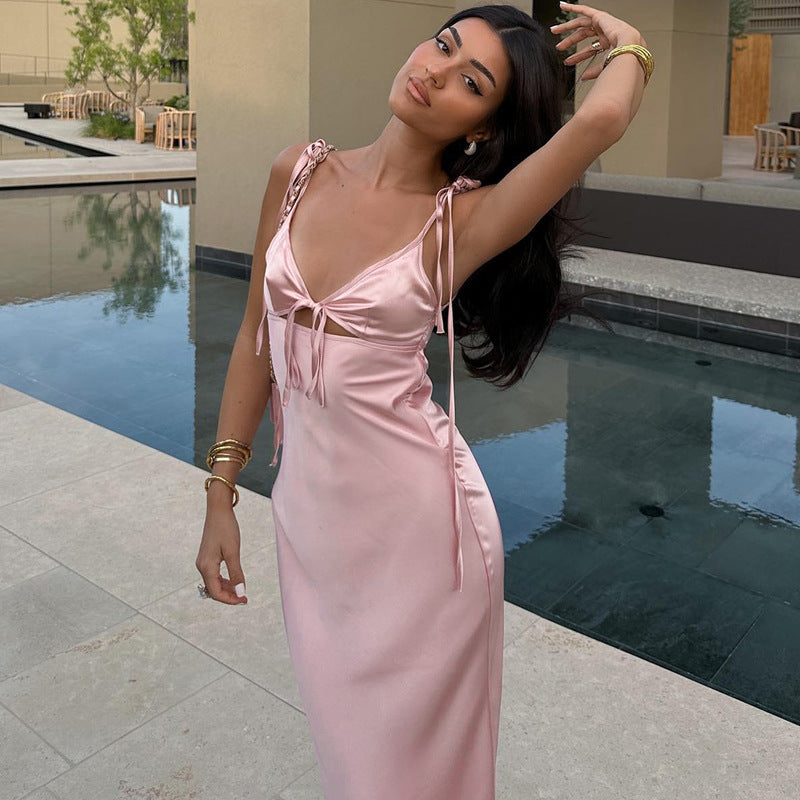 Satin V-Neck Tie Front Cut Out Tie Shoulder Slip Midi Dress 3