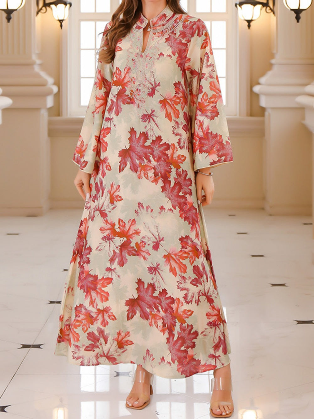 Maple Leaf Print Maxi Dress Robe Red