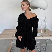 Deep V-Neck Long Sleeve Ruffle Tiered Mini Dress 4