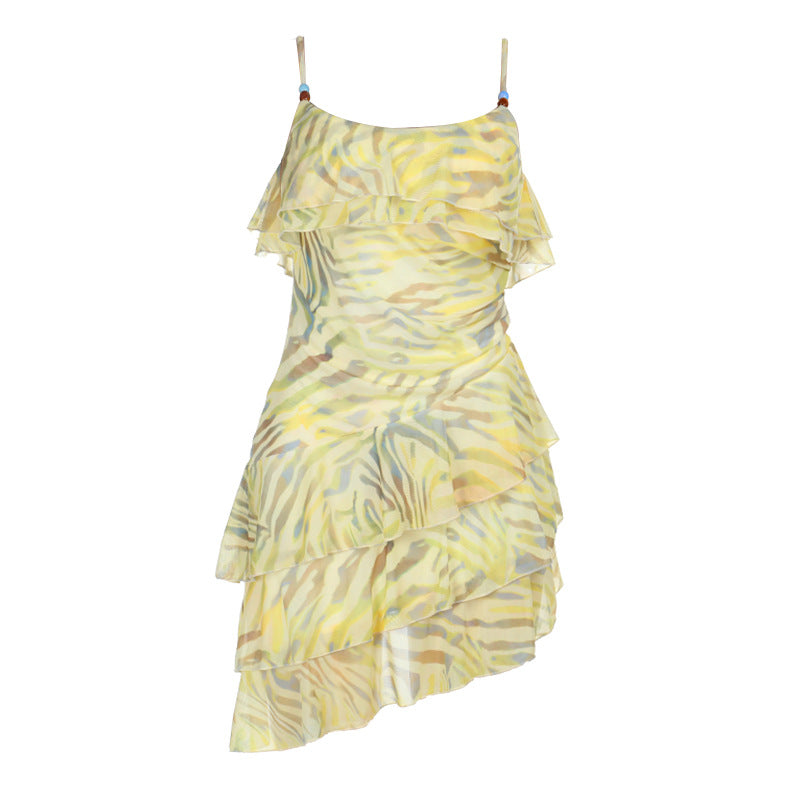 Zebra Print Beaded Spaghetti Strap Tiered Ruffle Mini Dress 5