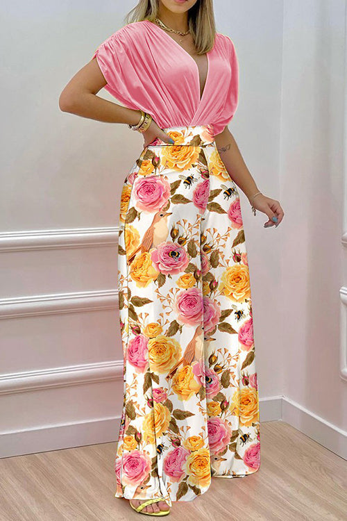 V Neck Bat Blouse Print Wide Leg Pants Set