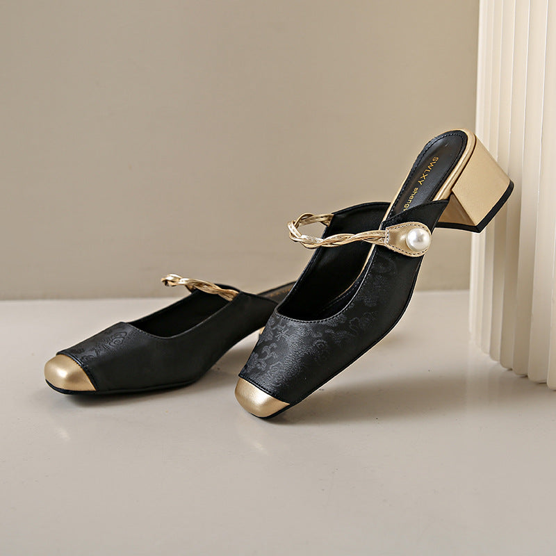 Square Toe Pearl Strap Block Heel Mules