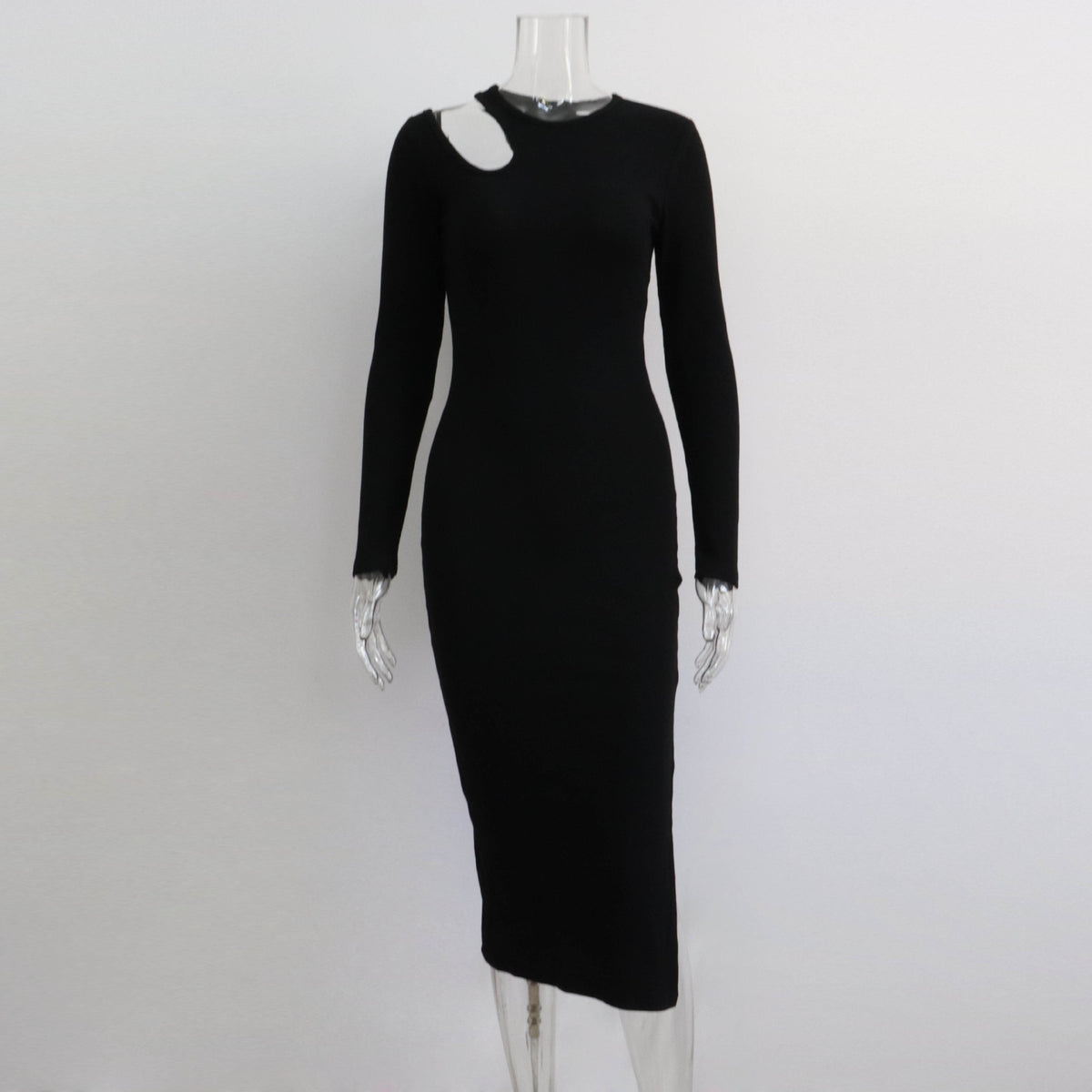 Ribbed Knit Cut Out Shoulder Long Sleeve Side Split Bodycon Midi Dress 6