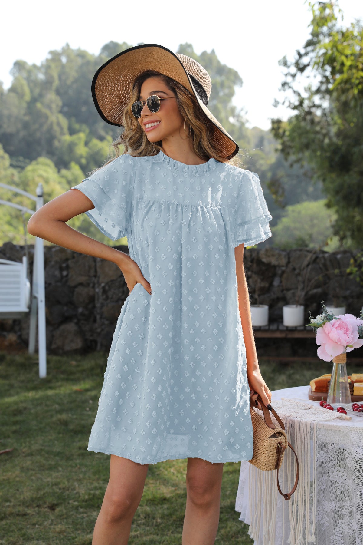 Swiss Dot Ruffle Neck Layered Flutter Sleeve Shift Mini Dress 8