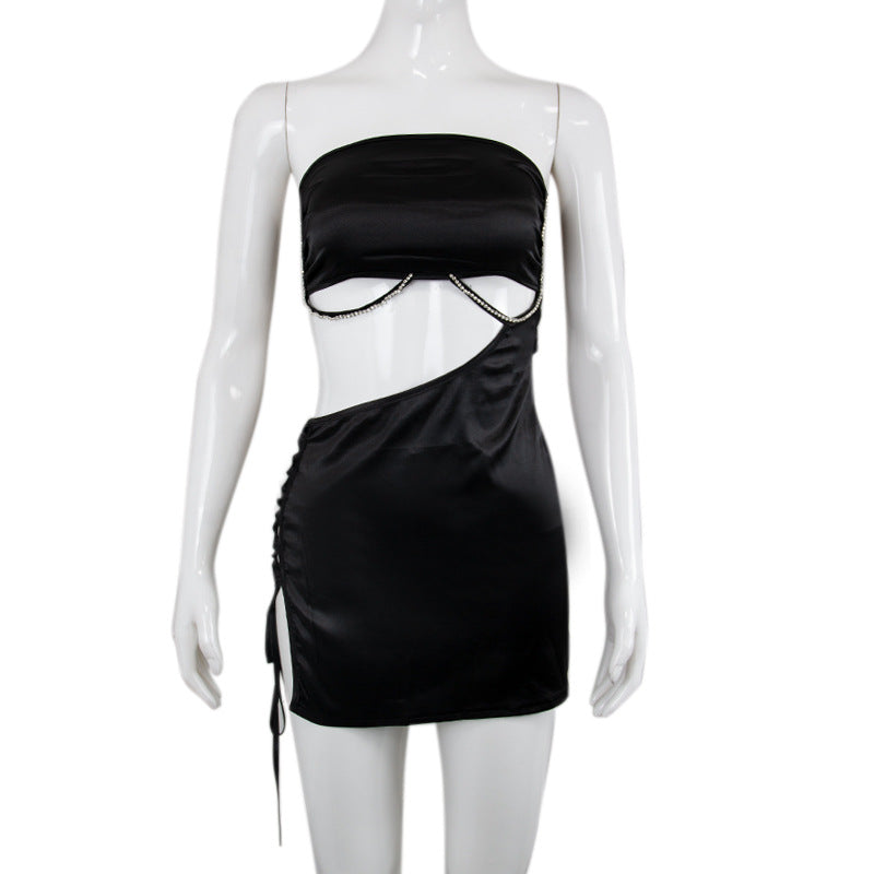 Strapless Rhinestone Chain Cut Out Lace Up Side Split Bodycon Mini Dress 5