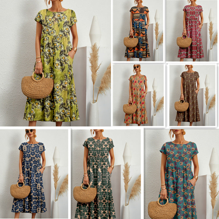 Floral Short Sleeve Tiered Pocket Maxi Dress