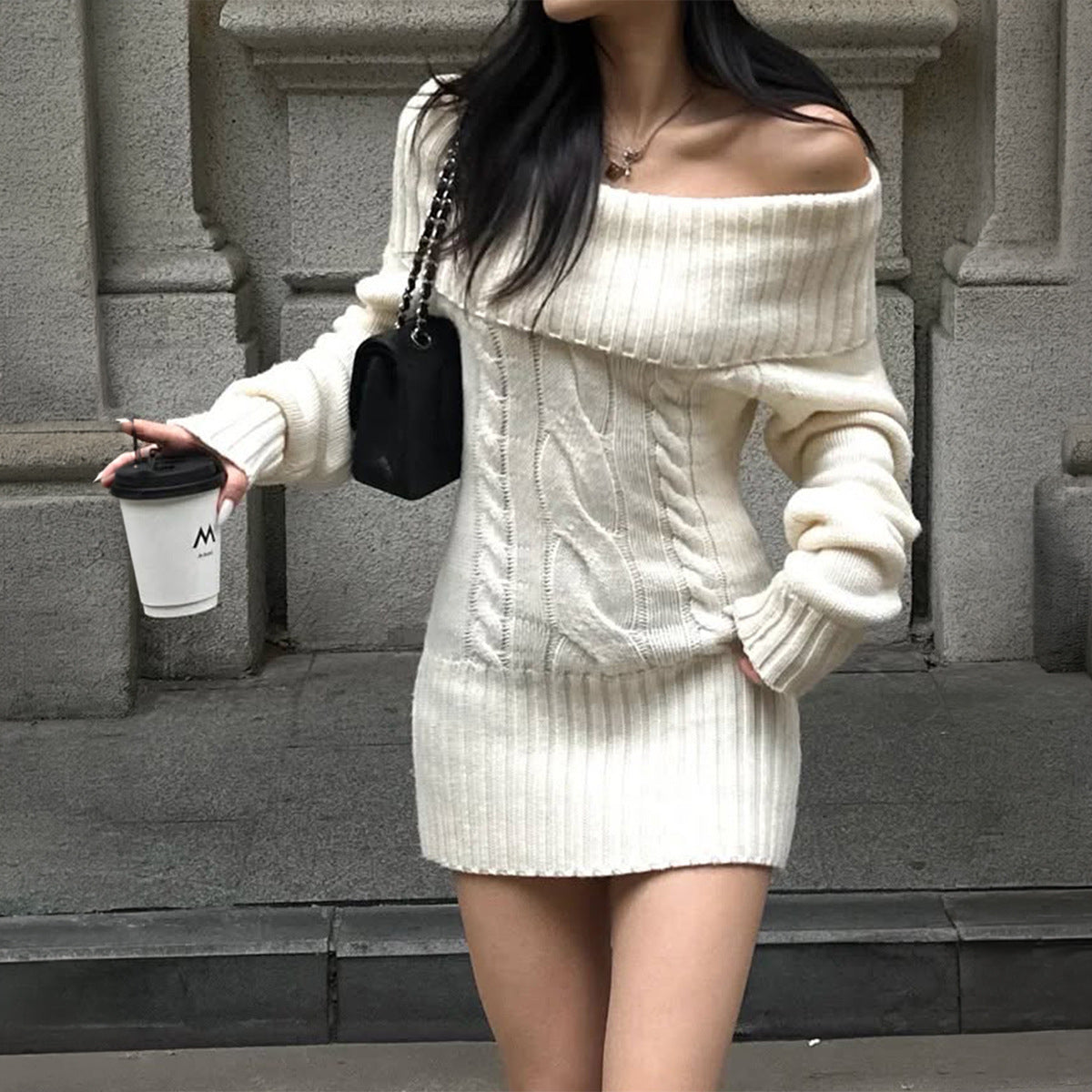 Sexy Solid Color off Shoulder Fold Twisted Wool Women Clothing Autumn Winter