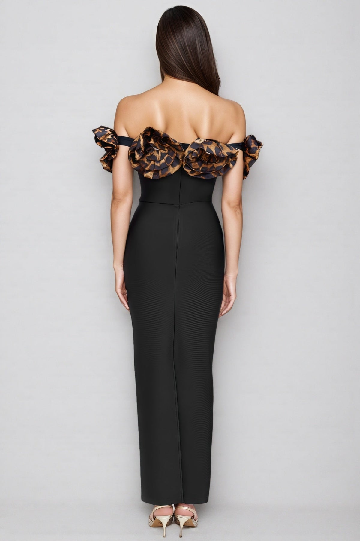 Off Shoulder Leopard Print Rosette Ribbed Bandage Maxi Dress 6