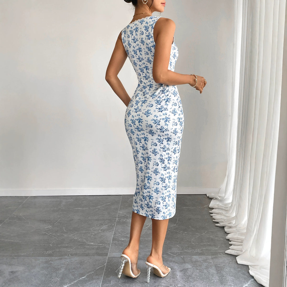Floral Print Lace Trim Scoop Neck Sleeveless Bodycon Midi Dress 2