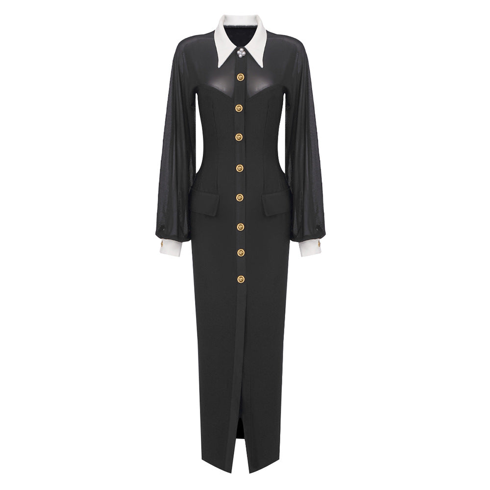 Contrast Collar Sheer Mesh Sleeve Button Front High Split Maxi Dress 2