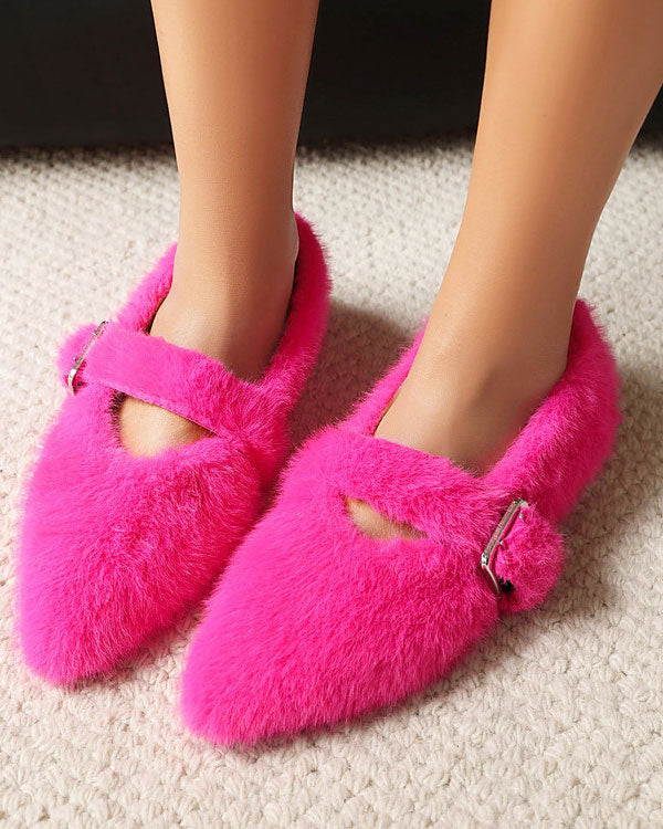 Candy Plush Pointed toe Buckle Flat Shoes