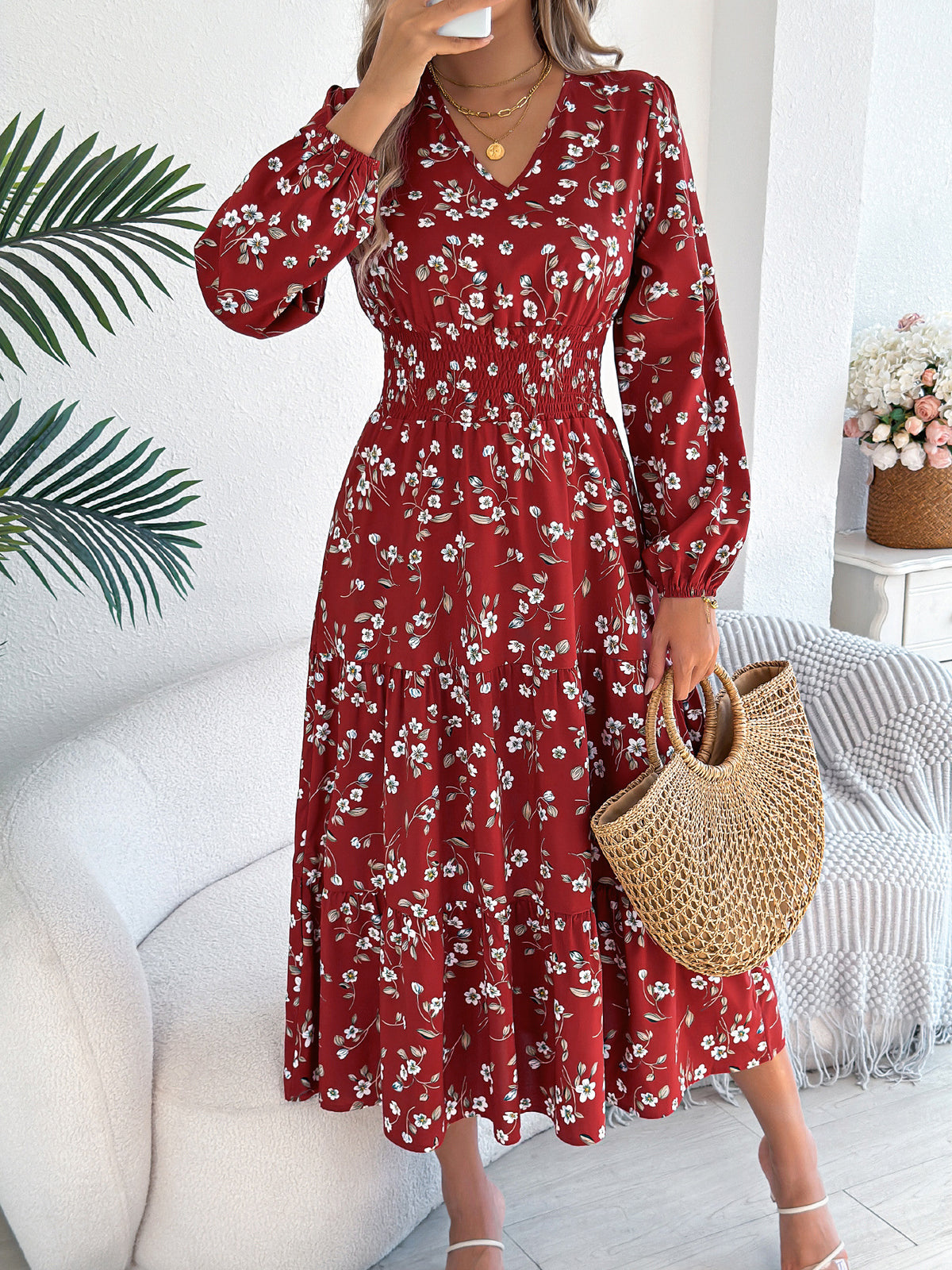 Ditsy Floral Print V-Neck Long Sleeve Smocked Waist Tiered Midi Dress 2