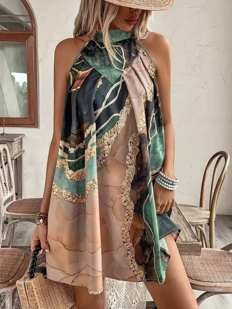 Abstract Print Satin Halter Neck Sleeveless Swing Mini Dress 6