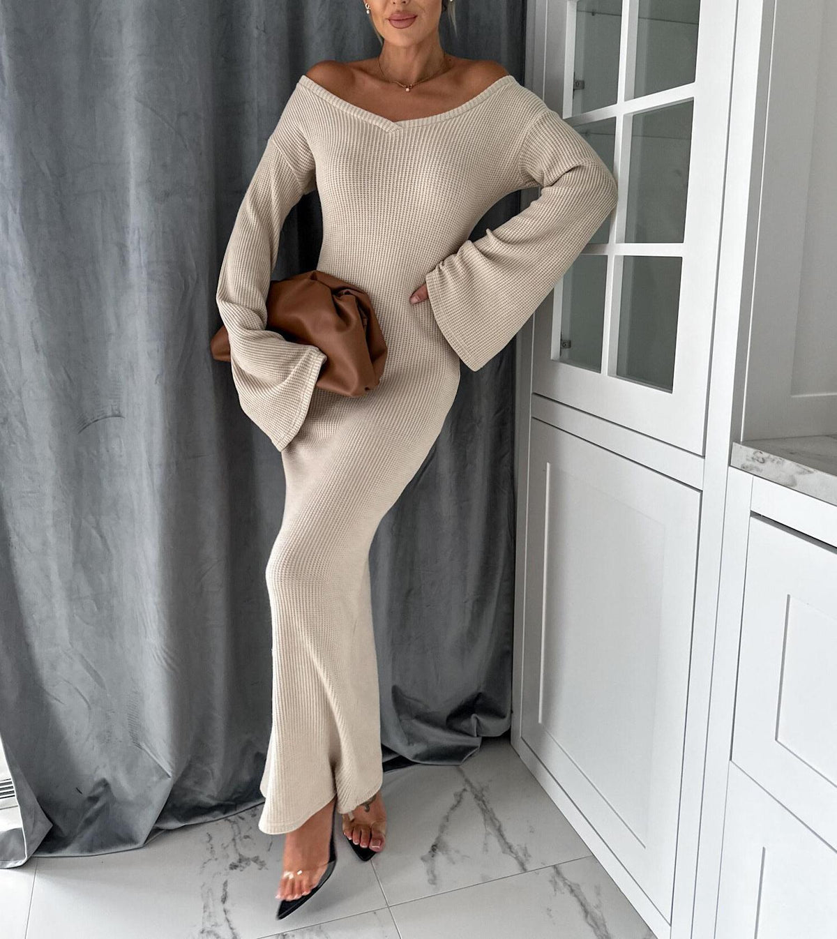 Autumn Winter Knitted V neck Long Sleeve Elegant Thick Maxi Dress Women
