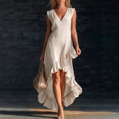 V-Neck Sleeveless Ruffle High Low Maxi Dress