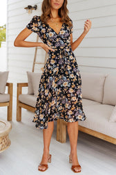 Floral V-Neck Short Sleeve Wrap Midi Dress Summer 2