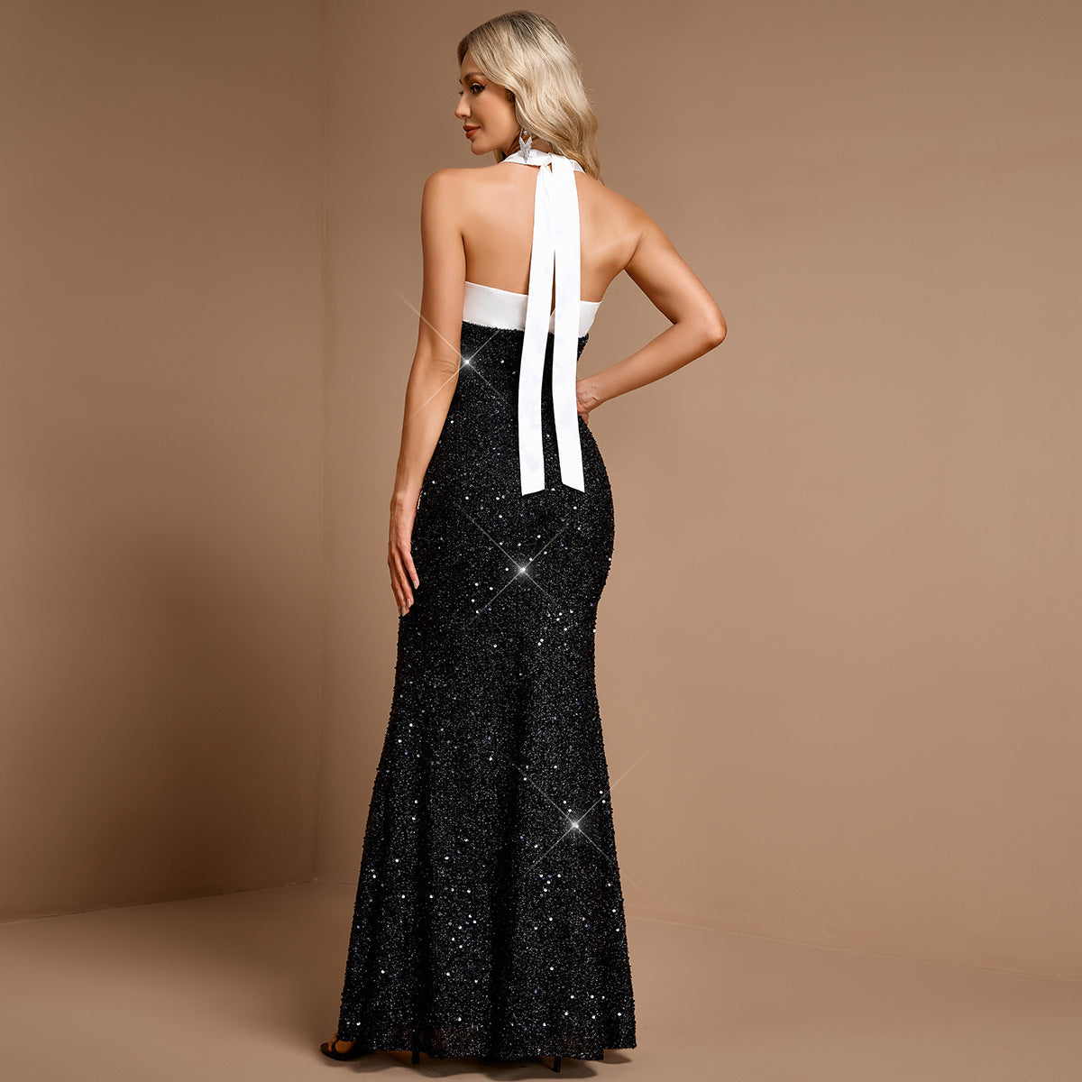 Black Maxi Dress with Straight Bottom Cross Back Lace up Sequined Office Solid Color Stitching Evening Dress