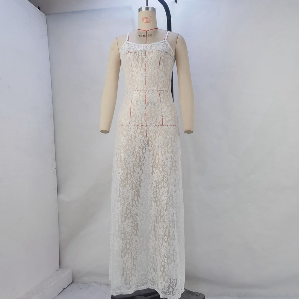 Sheer Floral Lace Spaghetti Strap Fitted Maxi Beach Dress 5