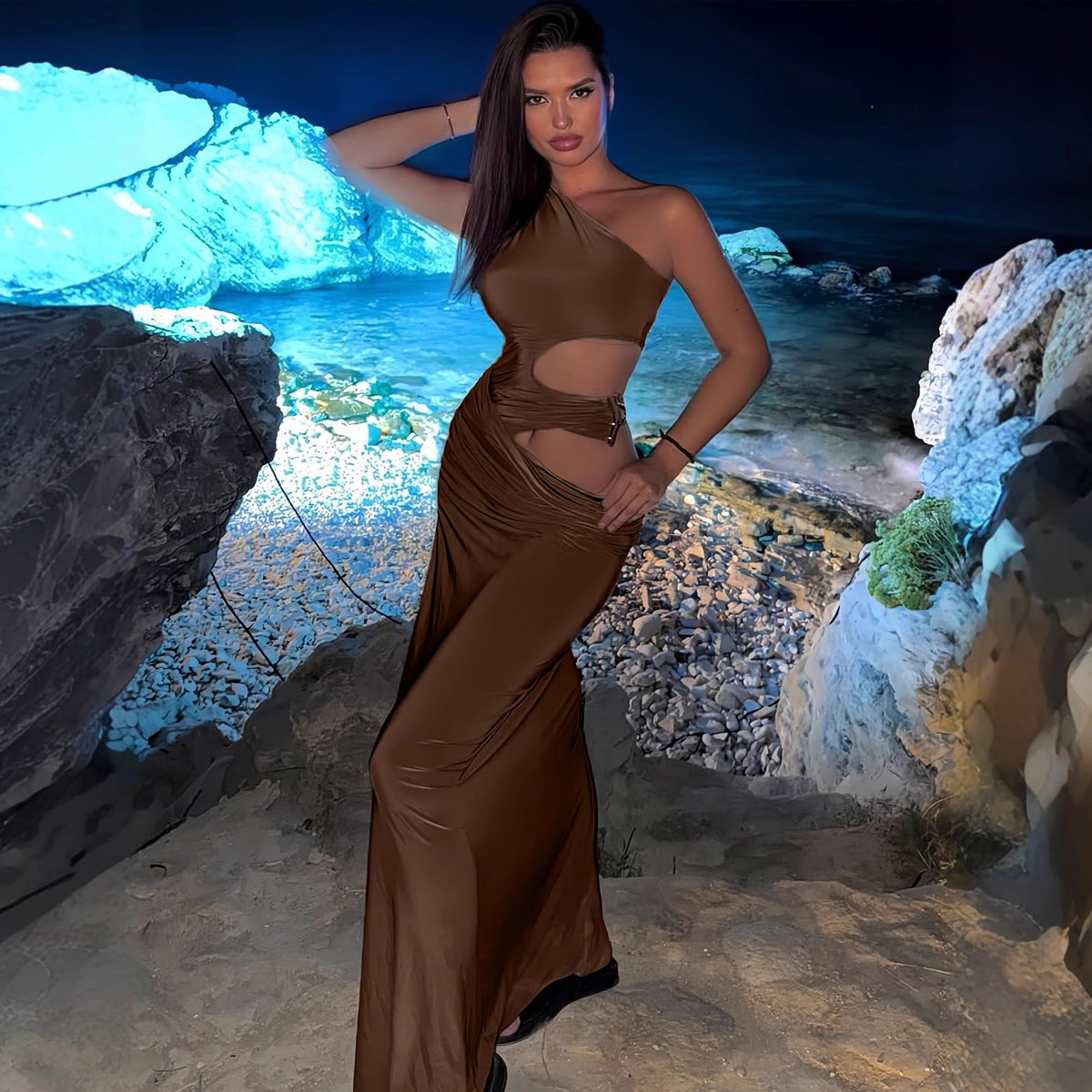Satin One Shoulder Side Cut Out Buckle Ruched Maxi Dress