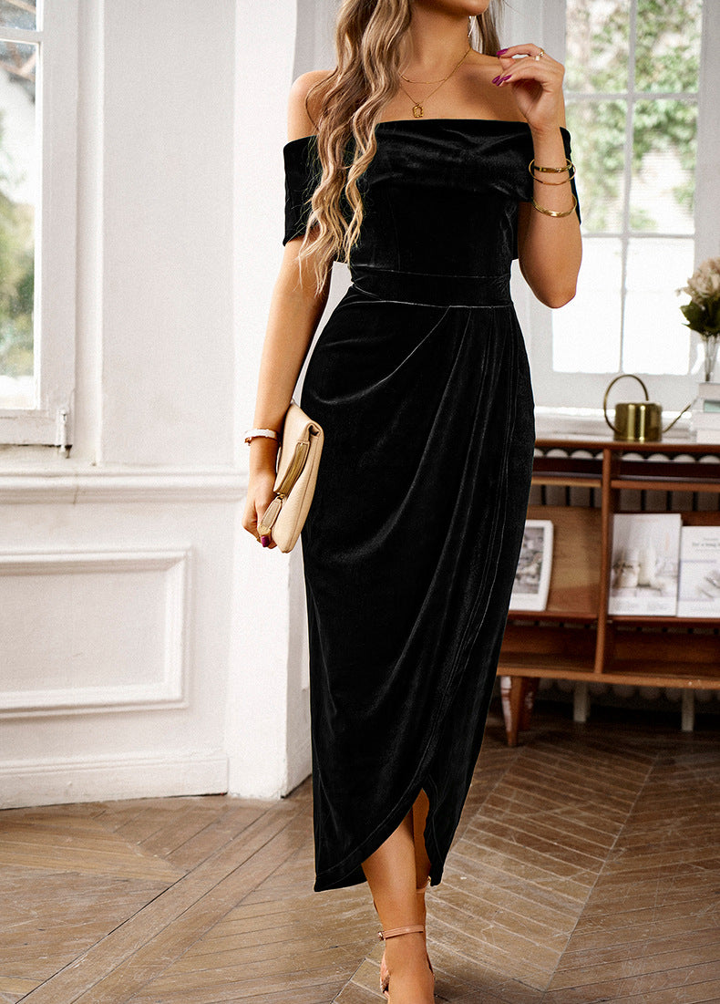 Velvet Off Shoulder Wrap Skirt Tulip Hem High Split Bodycon Midi Dress