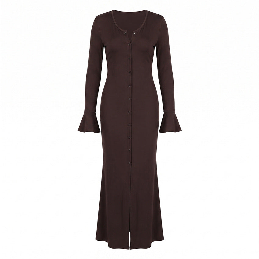 Fall Sexy Knitted Dress Women Single Breasted Bell Sleeve Slim Sheath Embellished Tight Dress