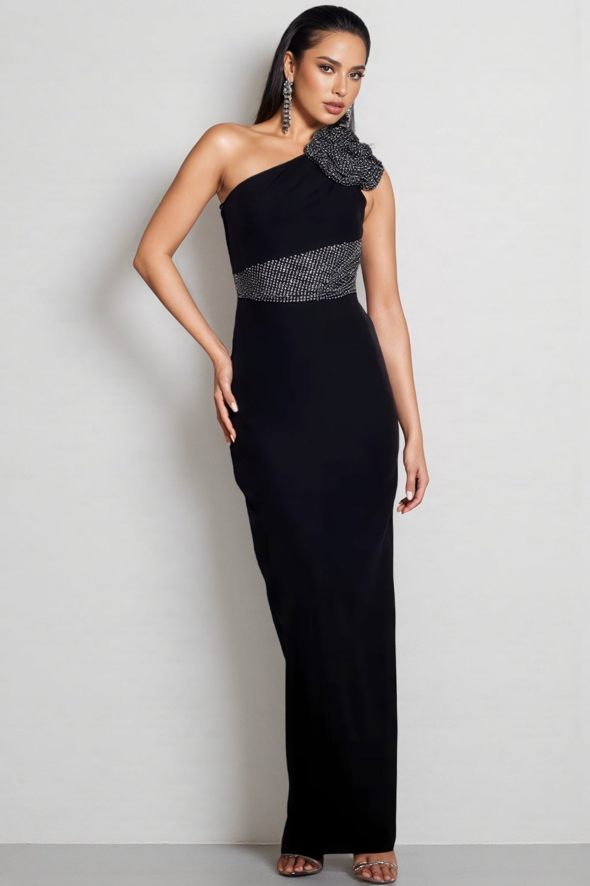 One Shoulder Rosette Rhinestone Waist Column Maxi Dress