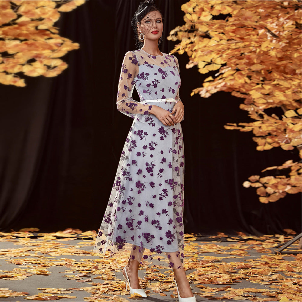 Floral Embroidered Mesh Round Neck Long Sleeve Belted A-Line Maxi Dress