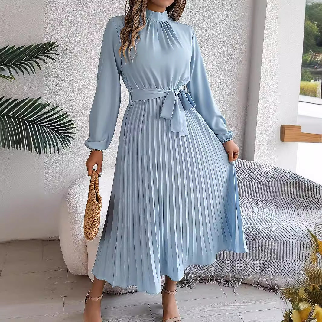 Mock Neck Long Sleeve Tie Waist Pleated A-Line Midi Dress 3