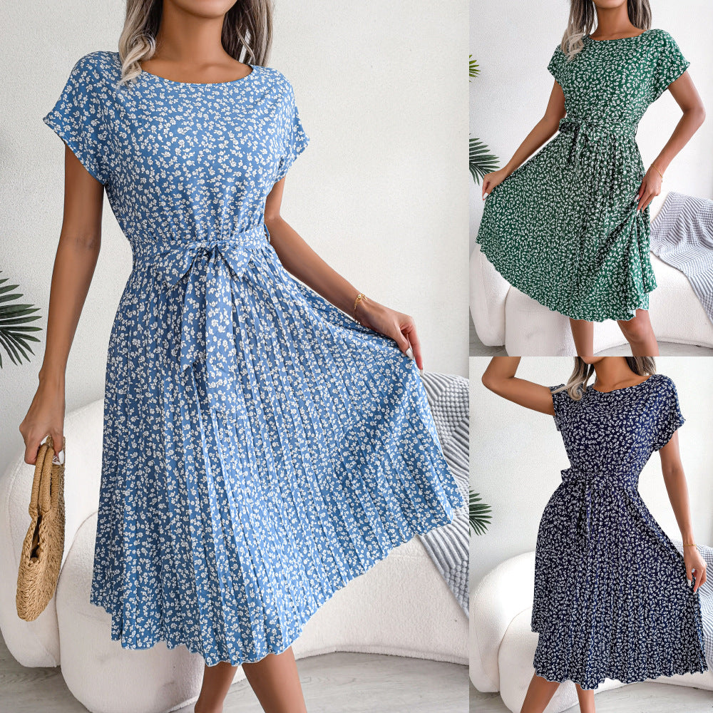 Ditsy Floral Short Sleeve Belted Pleated Midi Dress 5