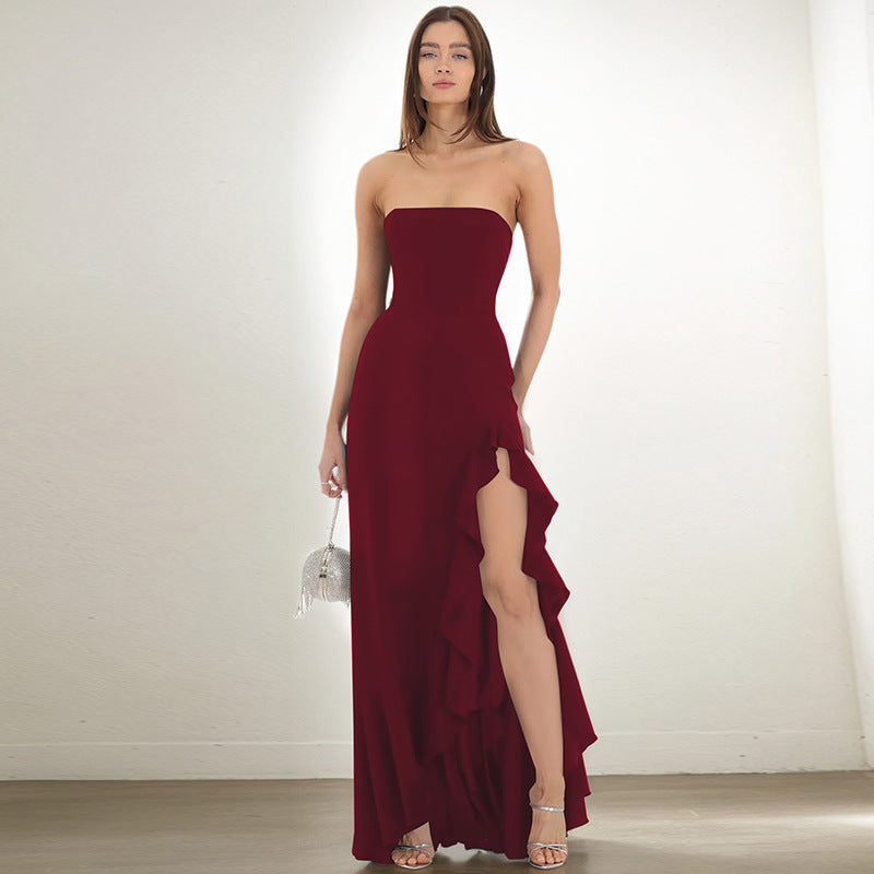 Women Clothing Summer Solid Color Attractive Split Maxi Dress Tube Top Dress Women