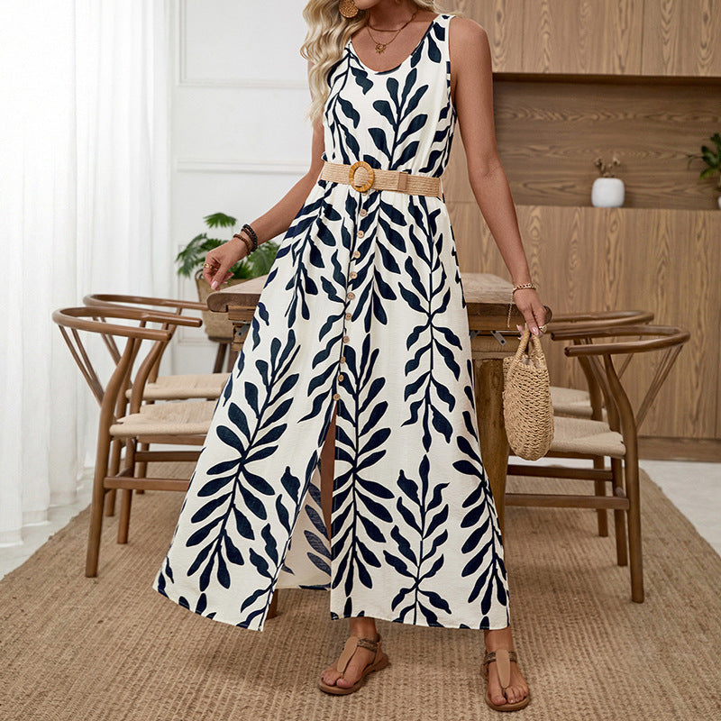 Leaf Print Scoop Neck Sleeveless Button Front Belted Maxi Dress
