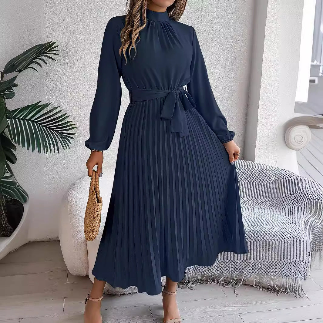 Mock Neck Long Sleeve Tie Waist Pleated A-Line Midi Dress 4
