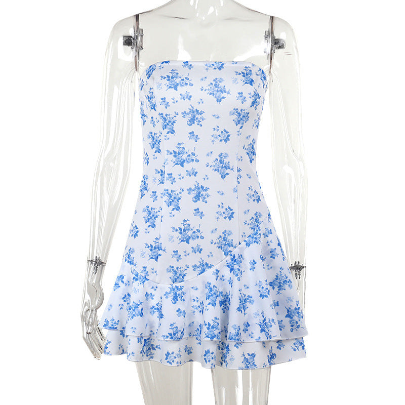 Floral Print Strapless Tube Drop Waist Ruffle Hem Mini Dress 4
