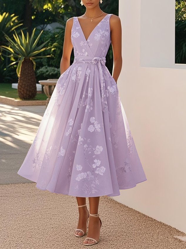Floral V-Neck Sleeveless A-Line Midi Dress Wedding Guest 6