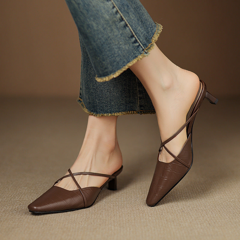 Croc Embossed Pointed Toe Kitten Heel Mules