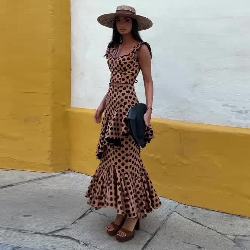 Women Summer Shoulder Strap Slimming Flounce Polka Dot
