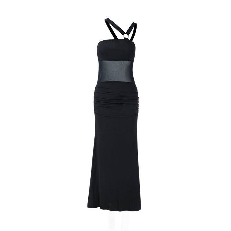 Asymmetric One Shoulder Sheer Mesh Panel Ring Strap Maxi Dress 2
