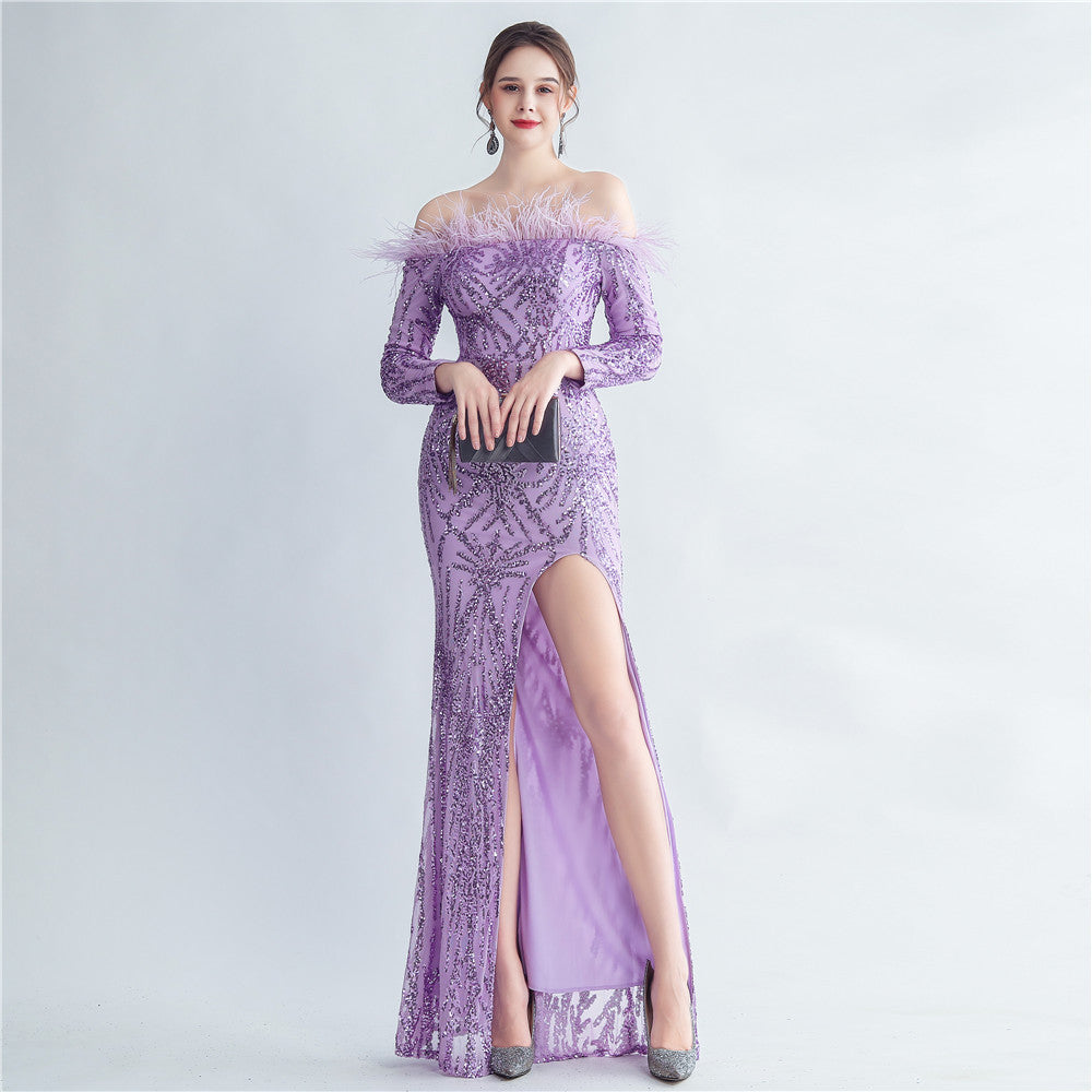 High Density Ostrich Hair Sequ Off Shoulder Long Sleeve Fishtail High End Evening Dress