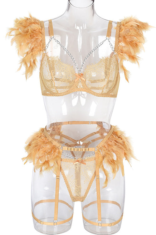 Cutout Feather Detail Plain Lingerie Set