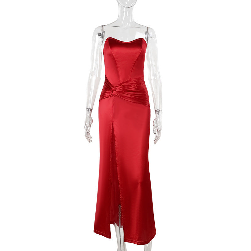 Satin Strapless Corset Bodice Twist Waist High Split Maxi Dress 2